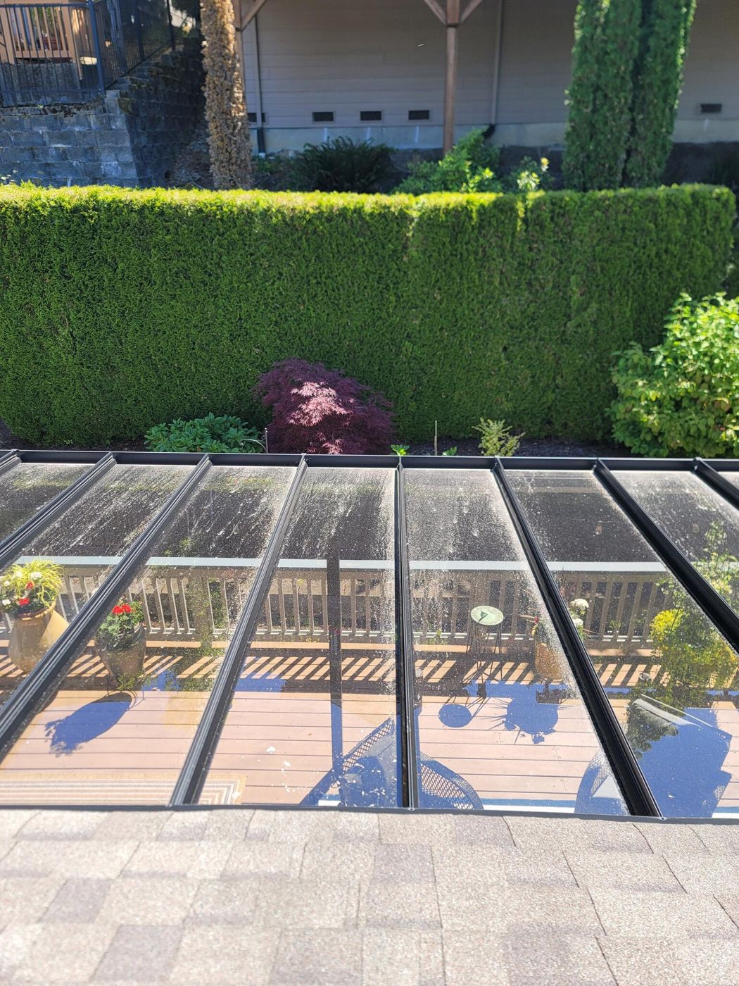 Clean glass patio cover with hedge behind